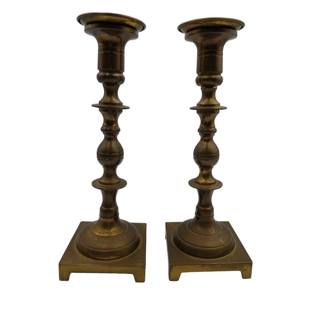 2 Brass Candlestick Holders Square Base Marked W Inc. Brass Plated Shabbat Cups